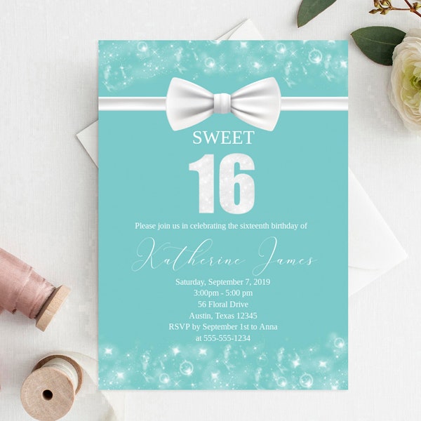 Sweet 16 Party invitation, Editable 16th Birthday Invitation, Breakfast at Tiffanys, Sweet 16 stars and glitter invitation, Templett SWS