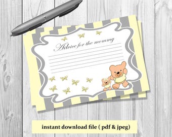 Advice for the Mom to be, Baby Shower Advice Card Printable, Teddy bear yellow and grey advice for mom, instant download printable card