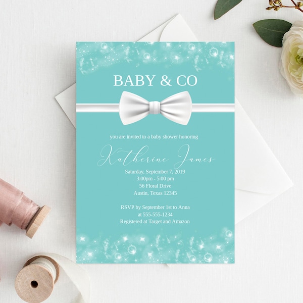 Baby & Co. Baby Shower Invitation, Editable White Bow Theme - Breakfast at Tiffanys baby shower - Editable tiffany invitation printable