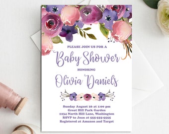 Baby Girl Floral Shower Invitation, Purple and Pink floral baby shower invitation, Baby Girl Shower Party Invitation, Purple Boho Invitation