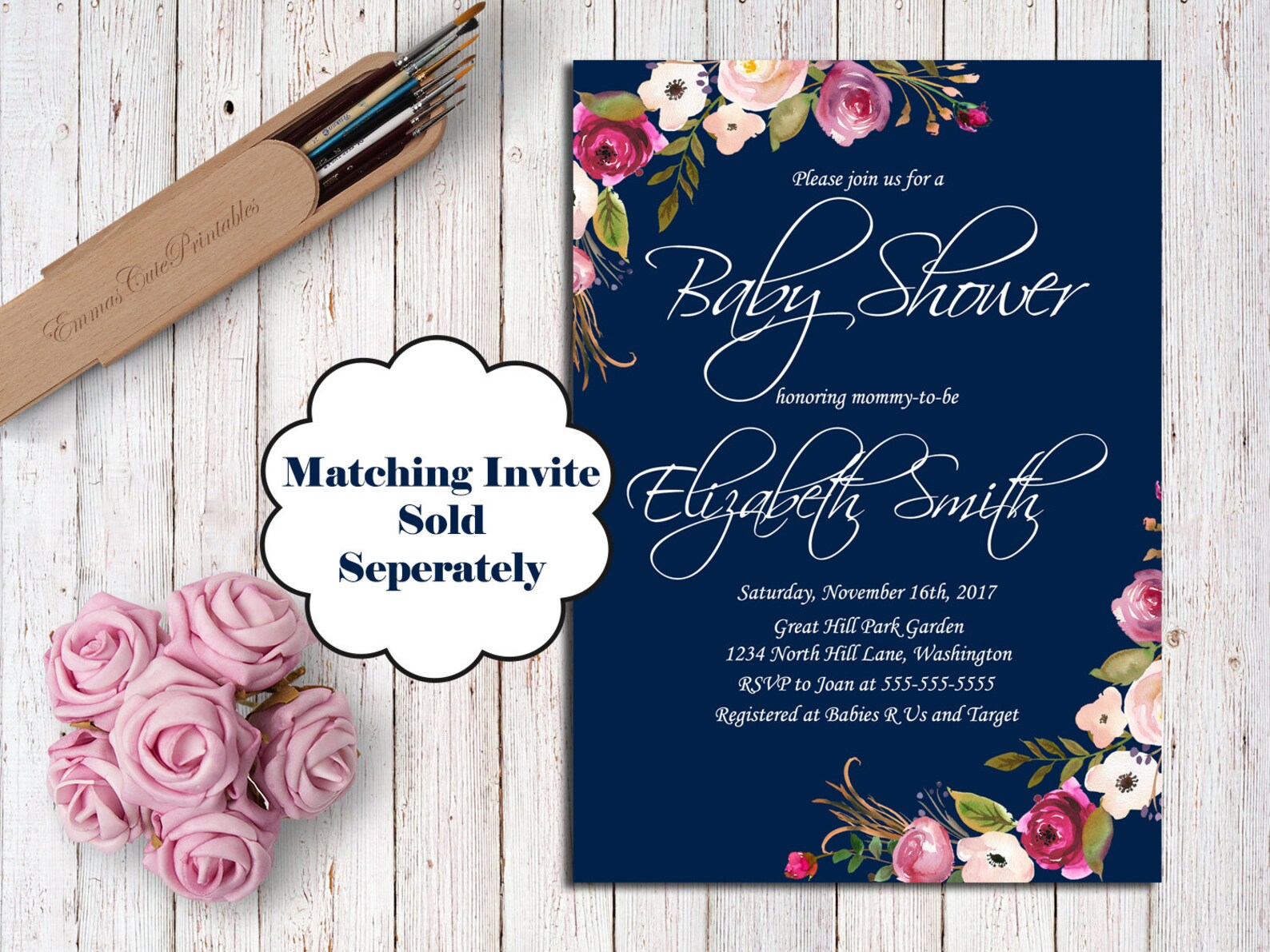 Navy Blue Floral Baby Shower Thank You Card Girl Baby Shower Etsy