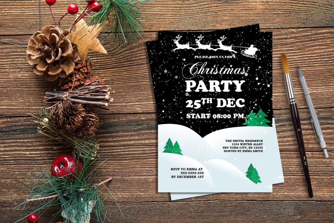 Christmas Party Printable Invitation Black and White,santa Clause ...
