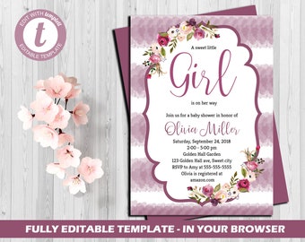 Baby Girl Shower Invitation, Editable Baby girl Invitation, Printable Boho Invitation, Watercolor pink white invite, Instant download DIY