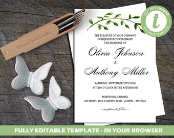 Editable Greenery Wedding Invitation Template ,Editable Greenery Wedding Invite, Wedding Template, Instant Templett, DIY Editable Template