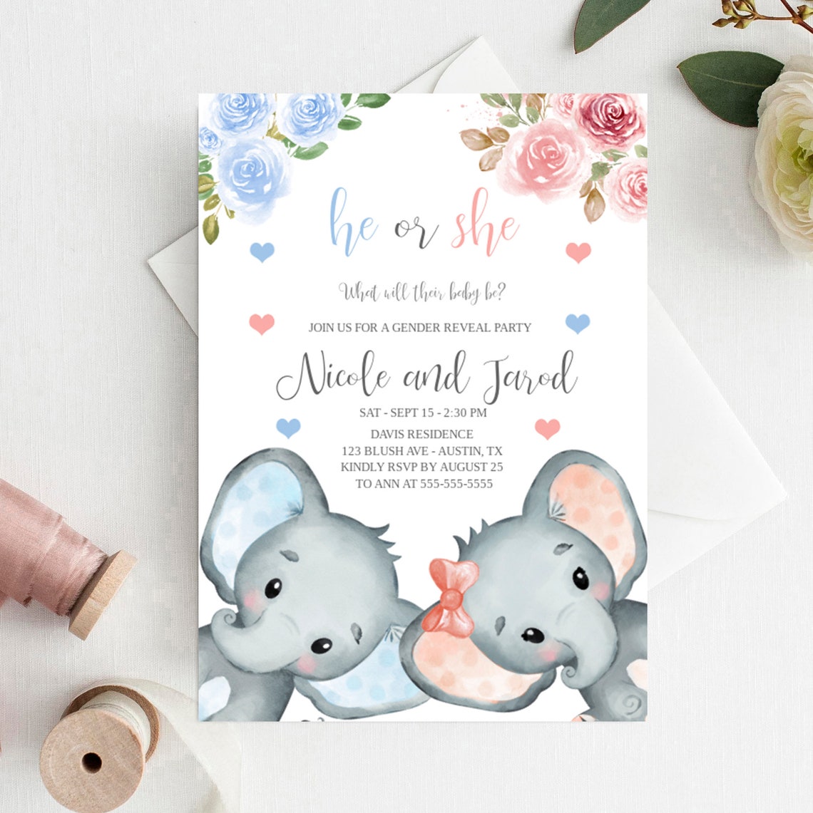 Elephant Gender Neutral Baby Shower Gender Reveal Invite Etsy
