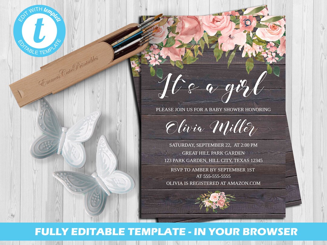 Rustic Baby Shower Girl Invitation Editable Instant Download Etsy