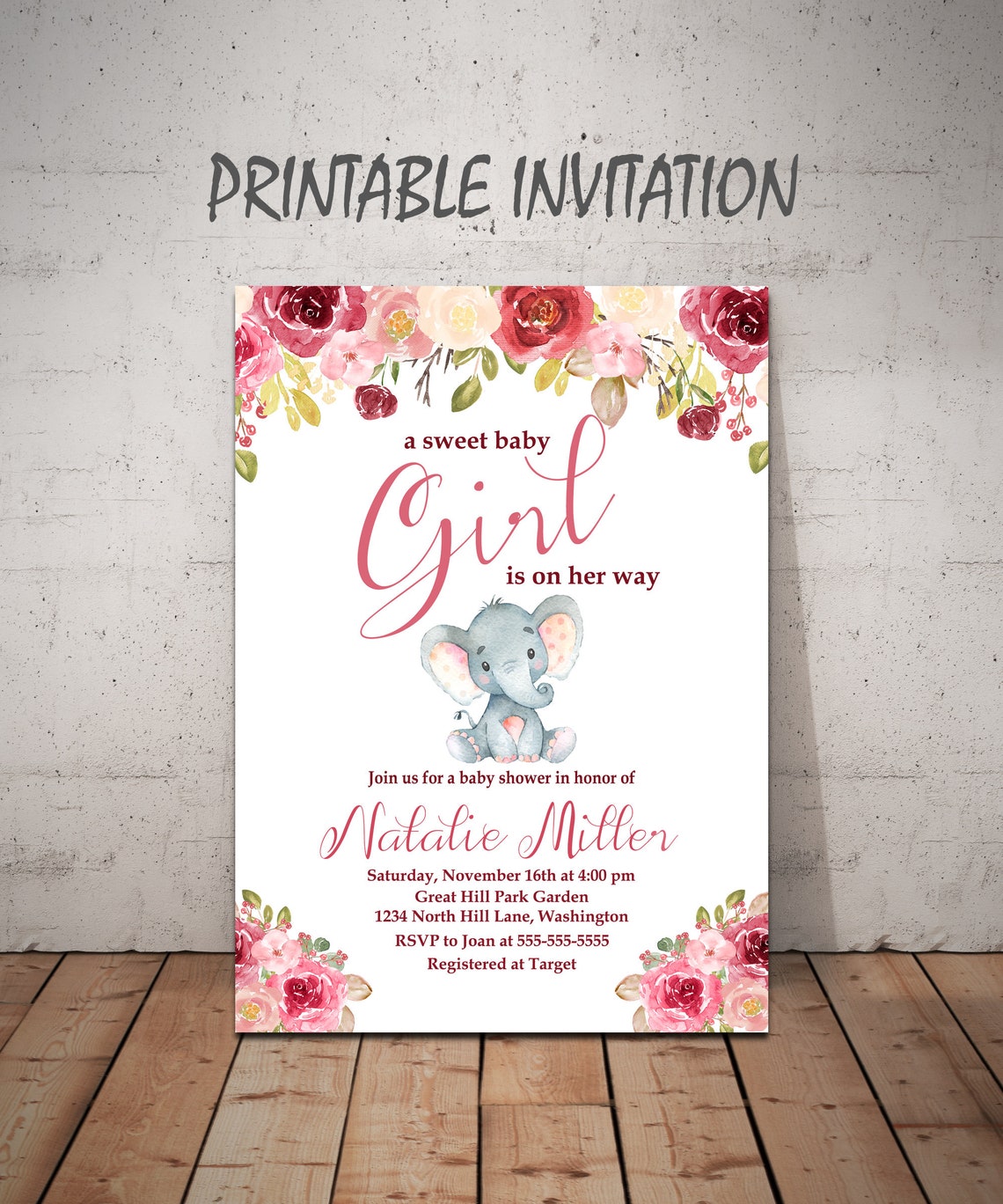 Baby Shower Girl Invitation,elephant Baby Shower Invite,its a Girl