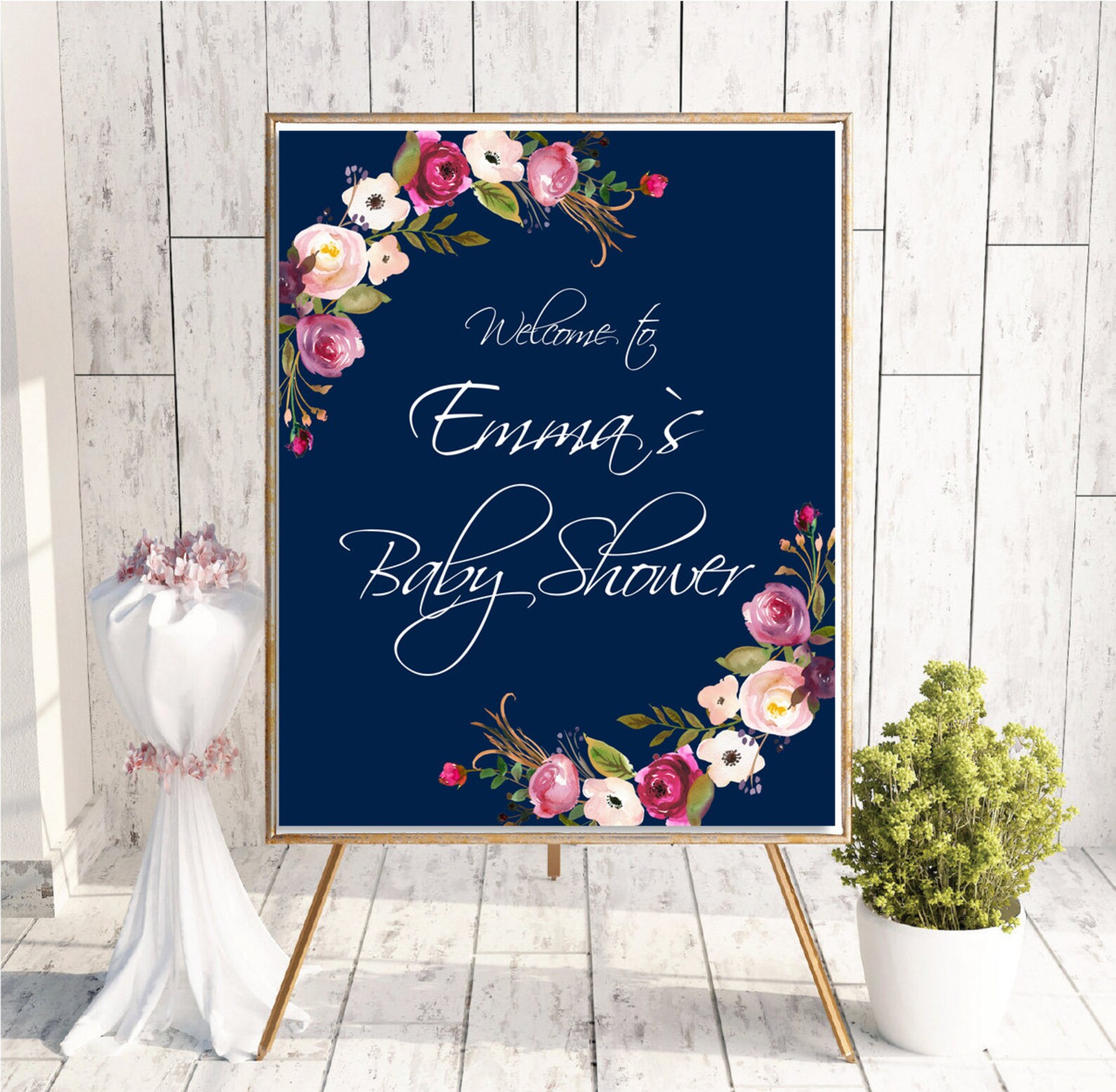 Navy Blue Floral Baby Shower Sign, Printable Shower Decor, Blue