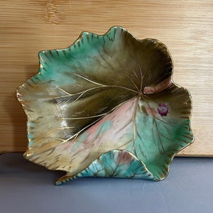 Turquoise Leaf Bowl With Gold Detail, Andrea Hand Painted Porcelain, Occupied Japan