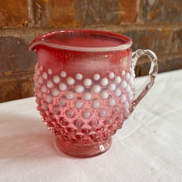 Vintage Cranberry Milk Glass Hobnail Pitcher, Fenton Pitcher,