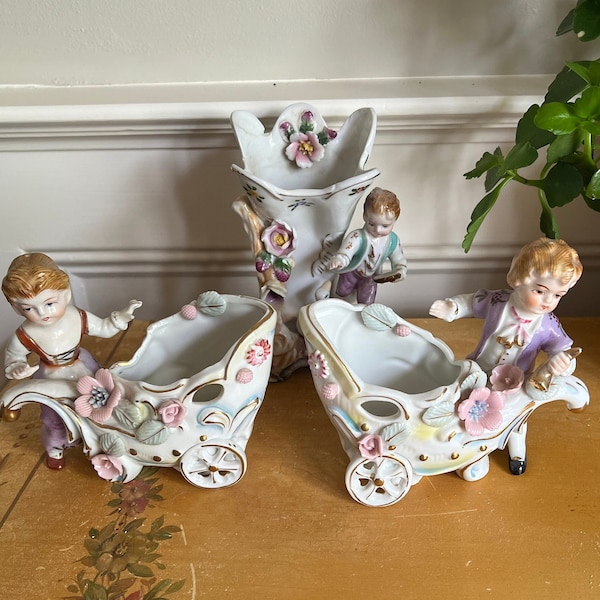 Vintage Ucagco Porcelain, Victorian Boy and Girl With Flower Carts,  And Ucagco Boy With Goose Vase 3