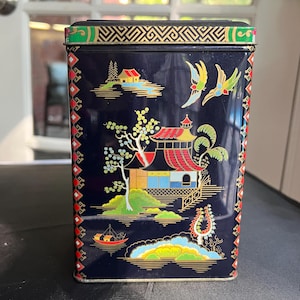 Vintage Asian Tea Tin, Dahler Tea Tin Made In England, Hinged Lid Tin with Pagodas and Asian Scene,  Hinged Lid, Charming Navy Asian Tea Tin