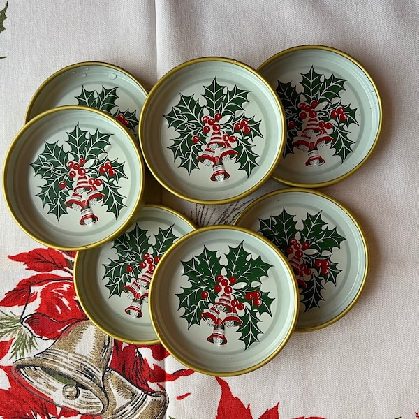 Vintage Tin Christmas Coasters, Holly and Berries and Bells Retro Christmas Bar Coasters, Wine Coasters