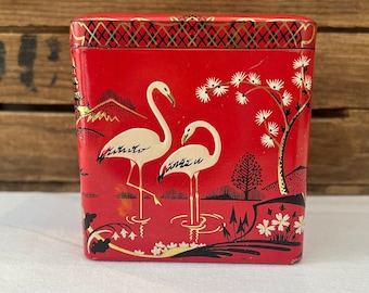 Vintage Tea Tin, Charming Red Tea Tin Made In Holland, Hinged Lid with Flamingos and  Japan Scene,  Hinged Lid, Charming Red Asian Tea Tin