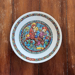 Limoges Christmas Stained Glass Christmas Plate,  Noel Vitriol,  Plate, D&#39;Arceau Limoge, 1975 Christmas Plate of Jesus, Mary and Joseph