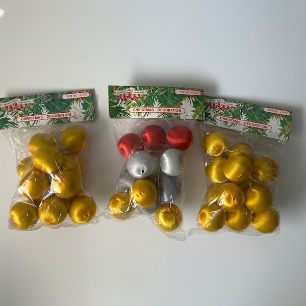 Vintage Satin Ball Ornaments, 1" Satin Ornaments in Original Packaging, Mini Multi Color Satin Balls, Gold Satin Balls, Christmas Ornaments