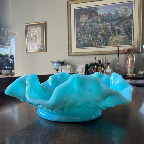 Rare Turquoise Milk Glass Hobnail Ruffled Glass Bon Bon Bowl