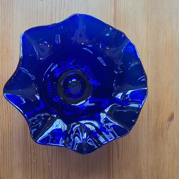 Vintage Handmade Cobalt Glass Ruffled Bowl, Blue Glass Bowl, Cobalt Glass, Handmade Blue Ruffled Glass Footed Bowl