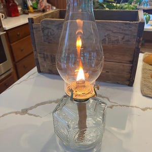 Lamplight Farms Oil Lamp: Pressed Glass Hexagonal Base, Brass Fixture