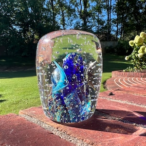Murano Paperweight, Murano Style Glass Aquarium, Vintage Gorgeous Blue and Bubbles Glass Decor, Italian Style Glass, Paperweight