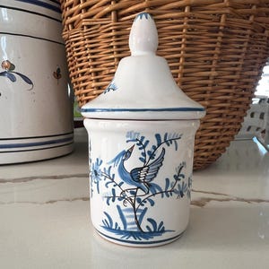 Vintage French Mustard Jar: Hand-Painted Blue Peacock, Lallier Moustiers