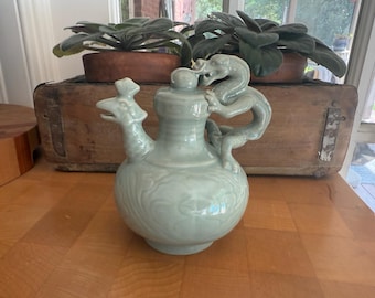 Vintage Celadon Green Teapot: Dragon & Phoenix Upside Down Design
