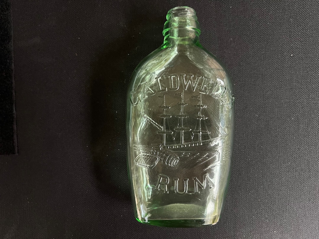 Antique Caldwell's Rum Green Glass Bottle, Vintage Rum Bottle, Embossed Sailing Ship Rum Bottle