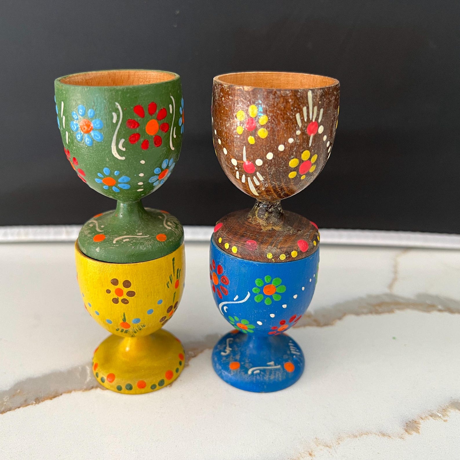 Wood Egg Cups From Germany, Charming Wood Set of 4 Hand Painted Egg Cups