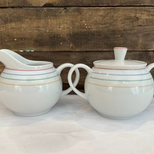 German Ceramics Arzberg Cream and Sugar, Primary Stripe Ceramic Cream Sugar Set, White Ceramic with Primary Red, Green, Blue, Yellow Stripes