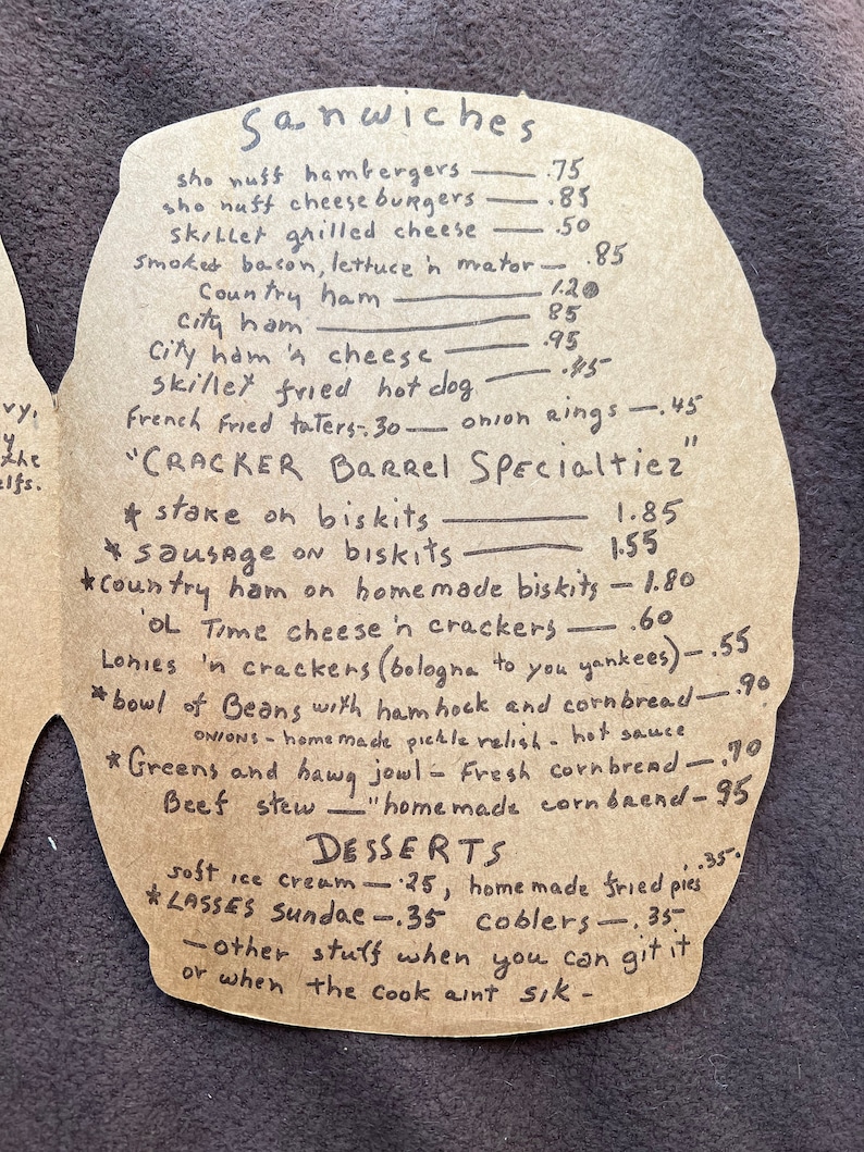 Vintage Original Cracker Barrel Old Country Store Menu, Tennessee