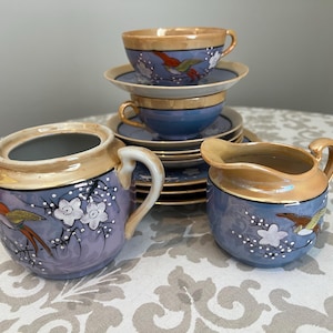 Japanese Lusterware Tea Set, Teacups and Saucers, Cream and Sugar, Plates in Pale Blue with White Cherry Blossoms, 12 Pieces