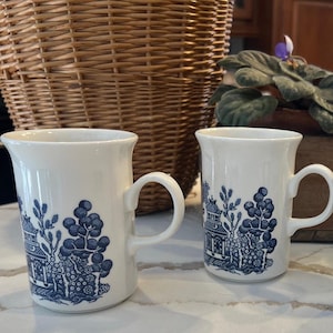 Vintage Churchill Blue Willow Coffee Mugs - Blue and White Transferware Pair