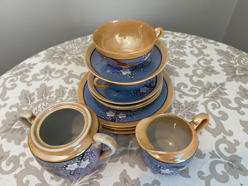 Luster Tea Set Vintage Japanese Lusterware Tea Set, Pale Blue Cherry Blossoms, 12 ...