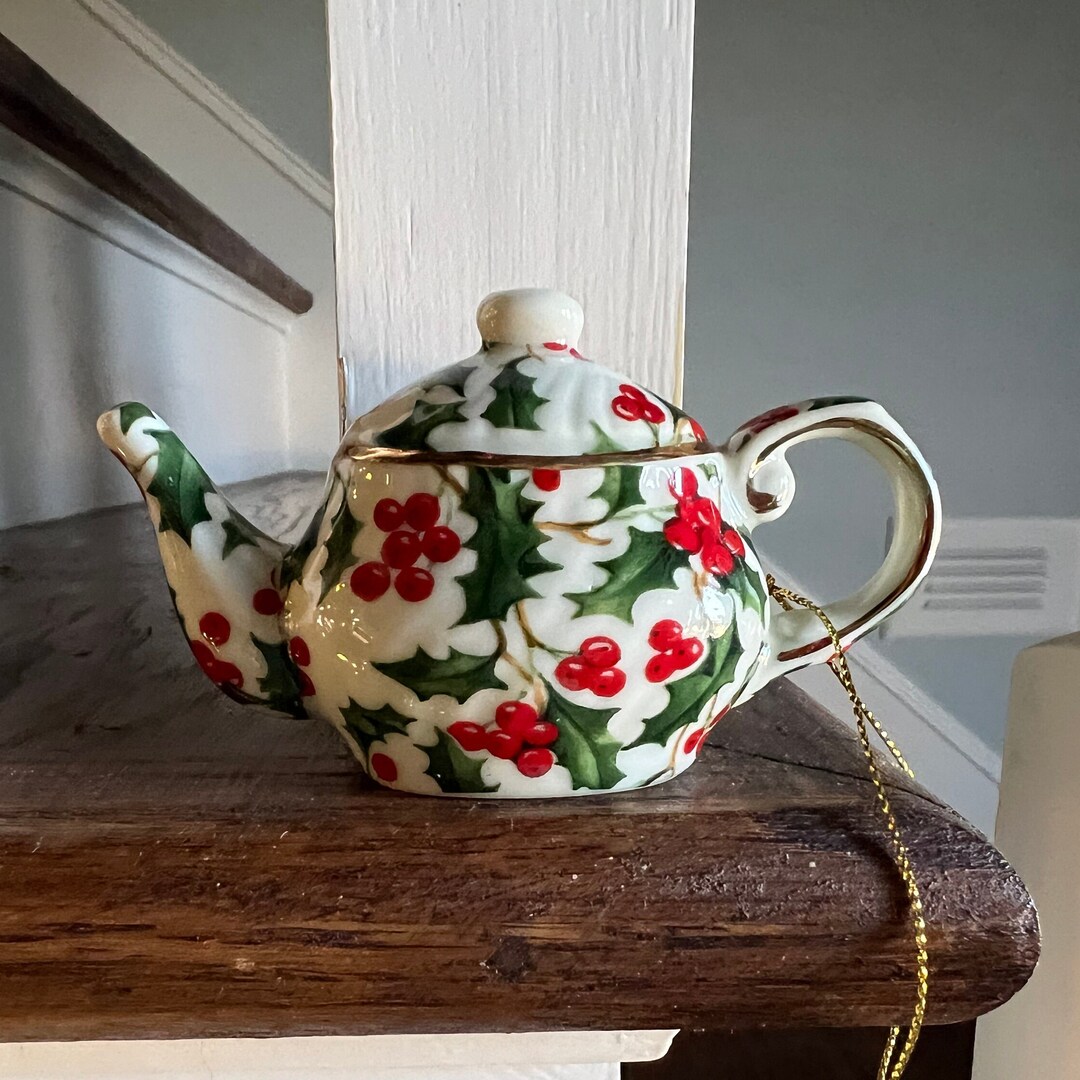 Vintage Miniature Christmas Porcelain Tea Pot Ornament, Holly Teapot