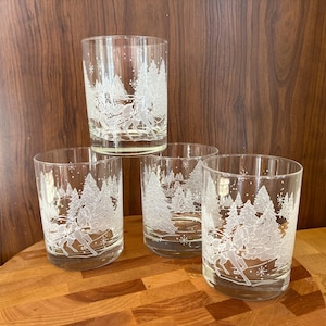Vintage Currier and Ives Holiday Glasses by Avon, Avon Through the Woods,  Collector Series Glasses,