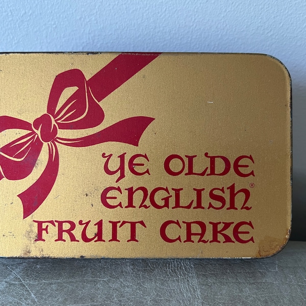 Vintage Christmas Fruitcake Tin, Labeled Ye Olde English Fruitcake Tin