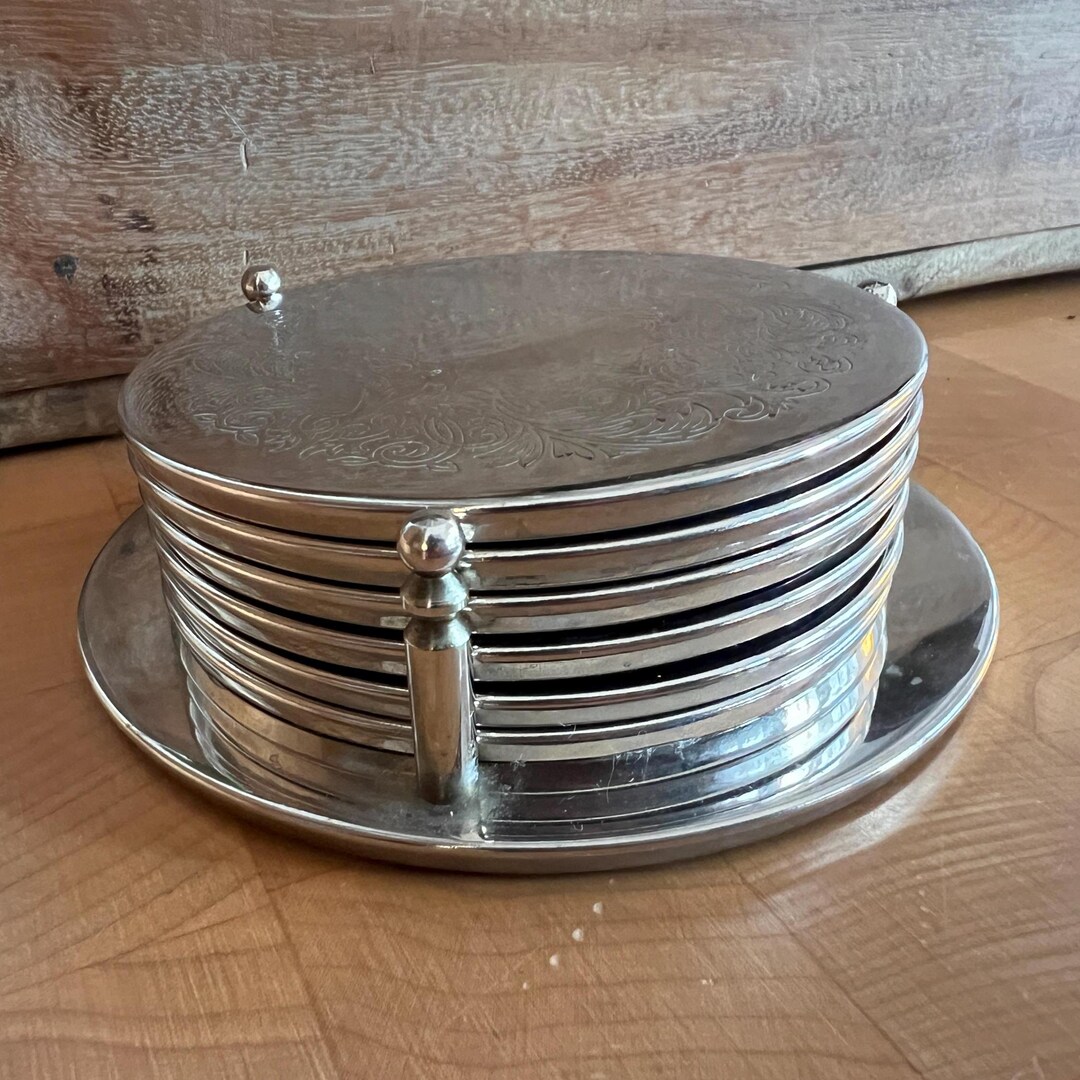 Vintage Silver Plate Coaster Set With Stand, Set of 6 Silver Plate ...