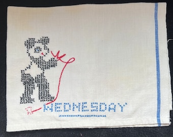 Vintage Flour Sack Towels, Vintage  Panda Themed,  Cross Stitch Towels, Days Of The Week Towels