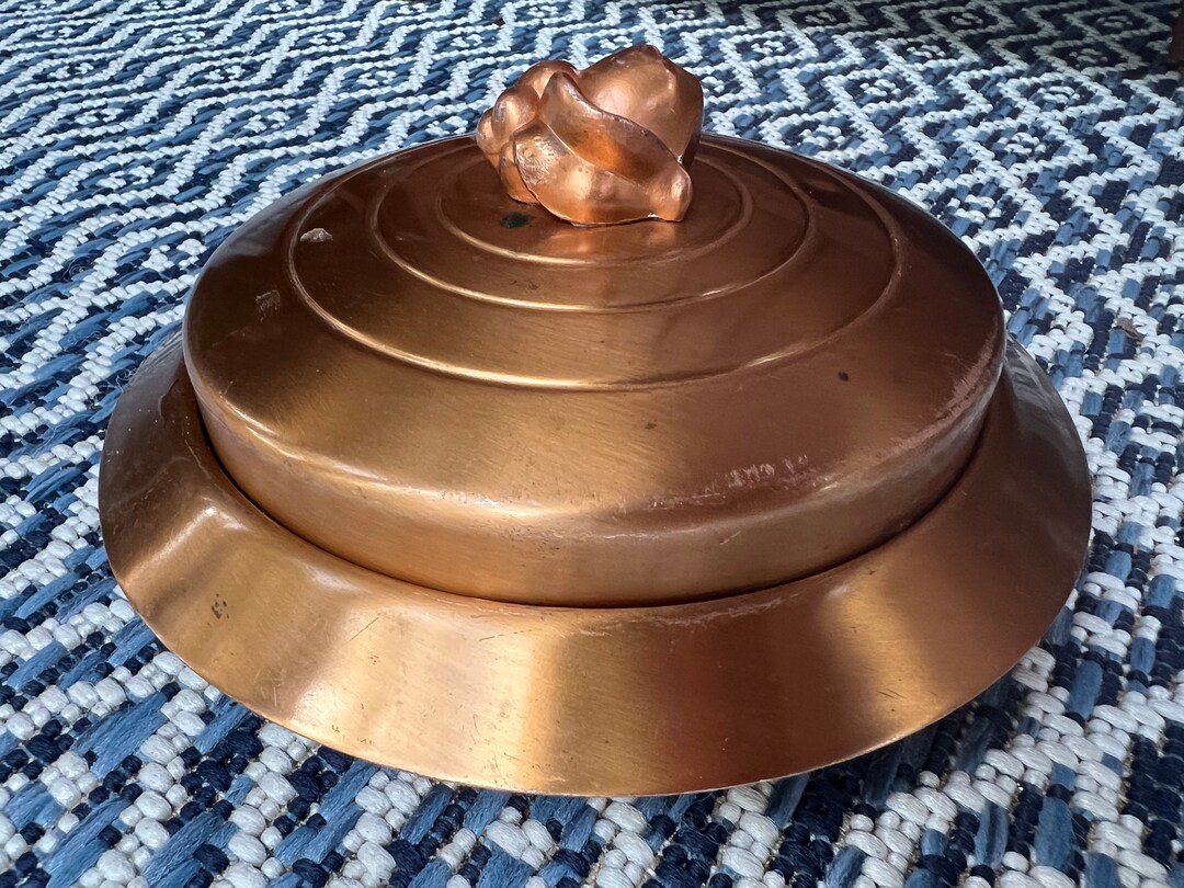 Vintage Copper Butter Dish, Art Deco Feel, Decorative Knob, No Glass