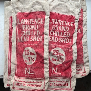 Vintage Lawrence Brand Chilled Lead Shot Canvas Bags, 25# bags, No. 7 1/2 and #8, Empty Shot Bags