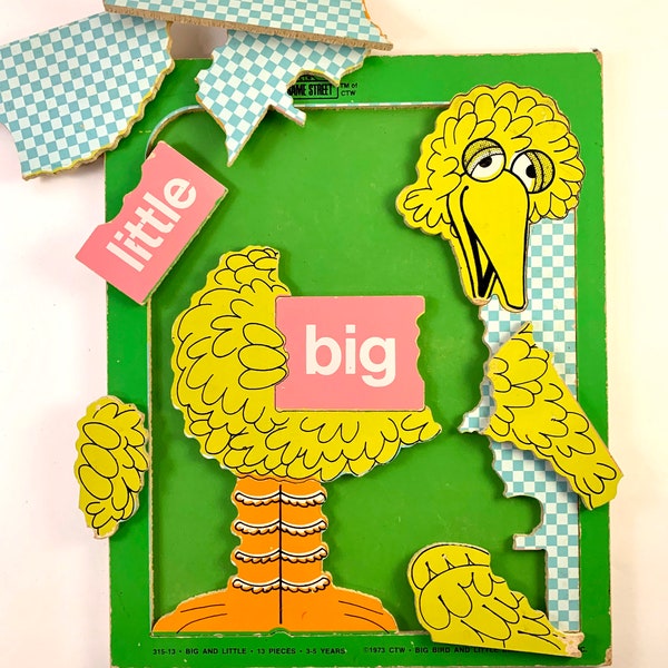 Vintage Playskool Sesamstraat Big Bird Houten Lade Puzzel. Jim Hensen Muppet CTW Groot en Weinig