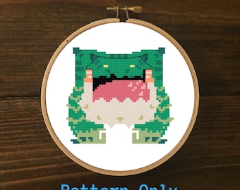 May include: Cross stitch pattern of a green monster with a pink tongue and white teeth, with the words "Pattern Only" below the image.