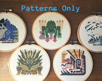 Monster Hunter World Cross Stitch Pattern Starter Bundle, Nergigante, Pukei Pukei, Anjanath, Dodogama, Tobi Kadachi, Gifts for Gamers