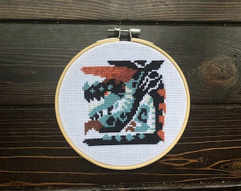 Gogmazios Finished Framed Cross Stitch, Monster Hunter, Gift for Gamer, Video Game Cross Stitch, Nerdy Wall Art
