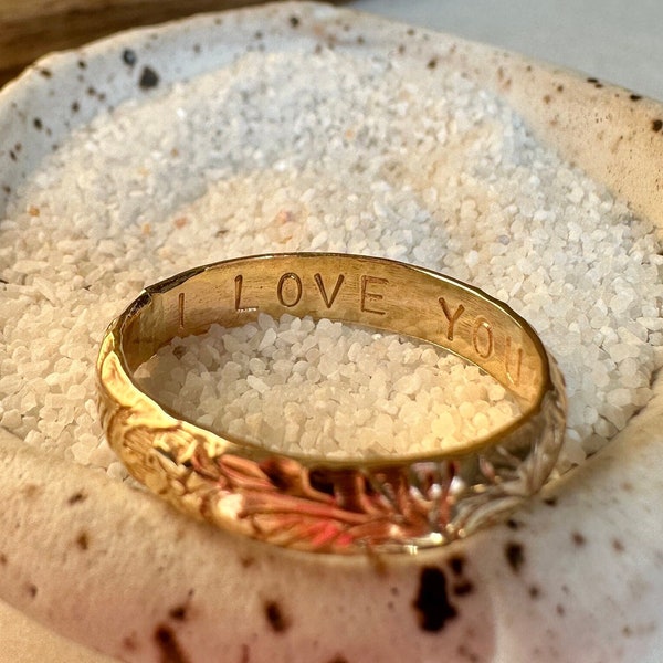 Hand Stamped Gold Floral Ring, Thick Gold Filled Ring