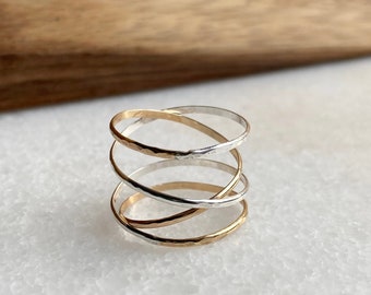 Mixed Metal Wrap Ring, Wraparound Ring, Gold or Sterling Silver Ring, Delicate Ring Set