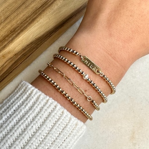 Handmade 3mm Gold Filled Bead Bracelet, Name Plate Bracelet, Pearl Bracelet, Paperclip Chain Bracelet