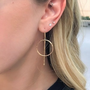 Gold Circle Bar Earrings, Circle Earrings, Simple Gold Hoops Earrings, Hoop Drop Earrings, Long Gold Earrings, Geometric Earrings, Earrings