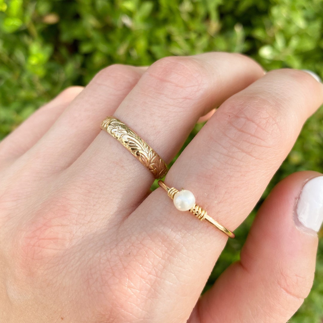 Pearl Band Thin Stacking Ring Ultra Thin Gold Ring Hammered Etsy