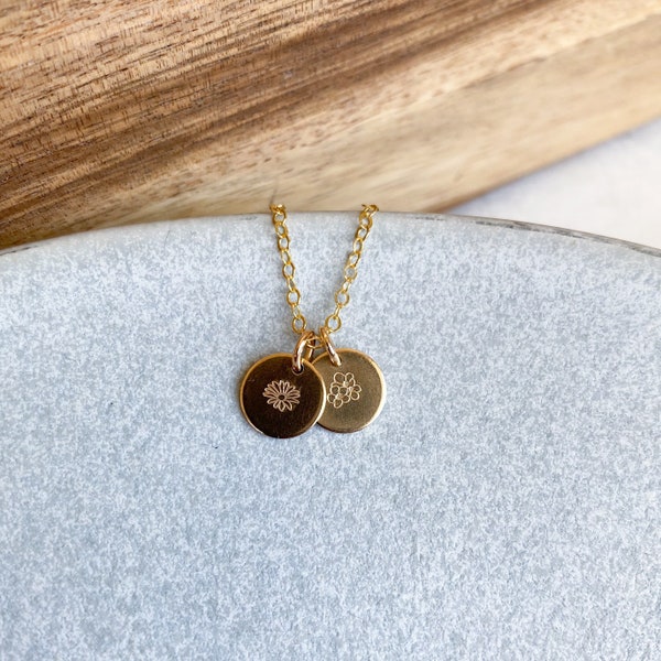 Dainty Floral Charm Necklace, Hand Stamped Birth Month Flower Necklace